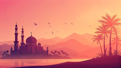 Silhouette of mosque at sunset with palm trees and flying birds