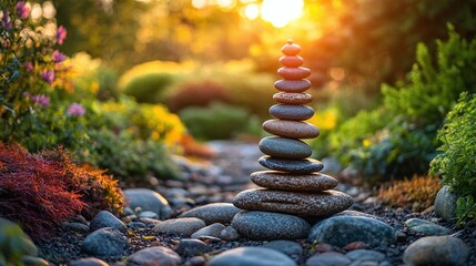 Obraz premium stack of zen stones balancing in a peaceful garden at sunset, reflecting the serenity and mindfulness of nature, with a calm and tranquil ambiance for relaxation
