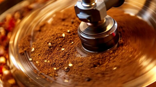 Spices grinding in industrial mill, close-up, blurred motion