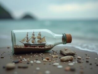 Ship in the bottle. Bottle with ship inside lying on the beach. Conceptual image