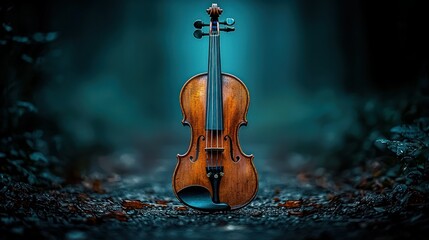 Violin in forest path, moody backdrop