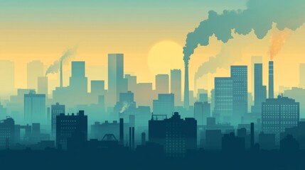 Fototapeta premium Urban skyline with industrial pollution at sunrise