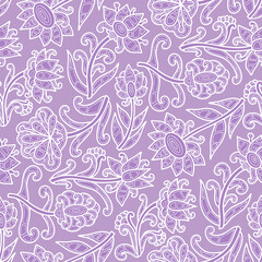 Paisley floral pattern, abstract flowers, purple and white colors. Seamless floral pattern-642. 
