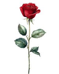 A delicate watercolor illustration of a single red rose on a long stem with lush green leaves.