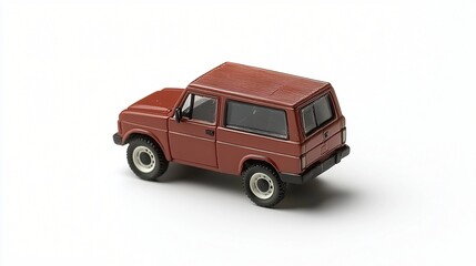 Red toy SUV on white background, studio shot