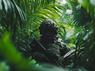 a soldier in full camouflage holds a rifle blending into the jungle environment using dense foliage as cover during a mission
