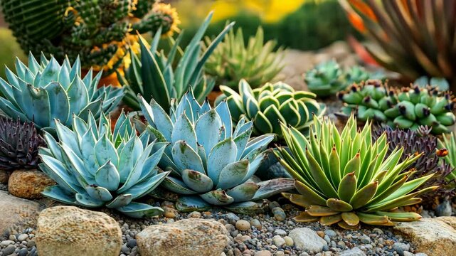Succulents thrive in desert garden at sunset