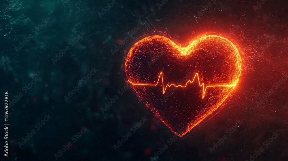 Poster this dynamic image features a glowing heart shape with a heartbeat line, symbolizing love and health