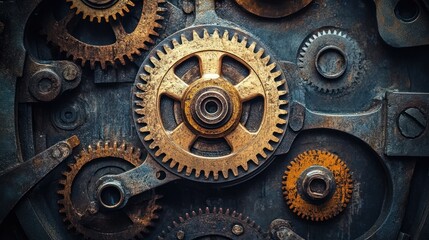 Intricate Gearwork: A Close-Up of Rusty, Golden Gears Interlocking in a Complex Mechanism