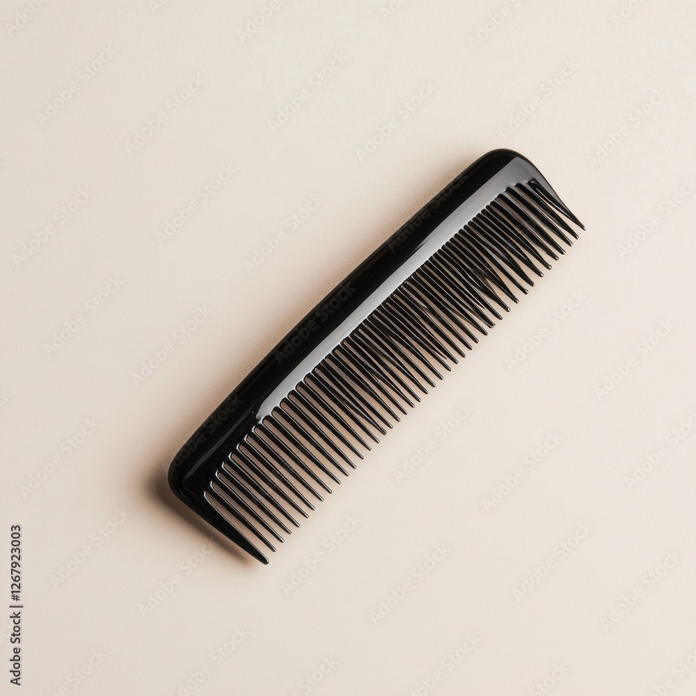 Poster Black plastic comb placed on a neutral background highlighting its design and texture for styling and grooming purposes. Generative AI