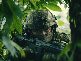 a soldier in jungle camouflage lies low aiming his rifle through thick green foliage with sharp focus on a potential target
