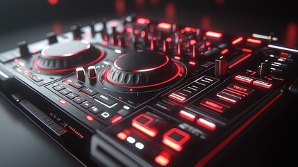 Obraz premium Close-up DJ Mixer, Red Lighted Controls, Dark Background, Night Club Atmosphere