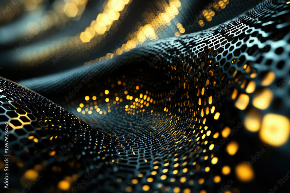 Poster abstract dark honeycomb mesh with glowing golden lights, creating a wavy, futuristic pattern.
