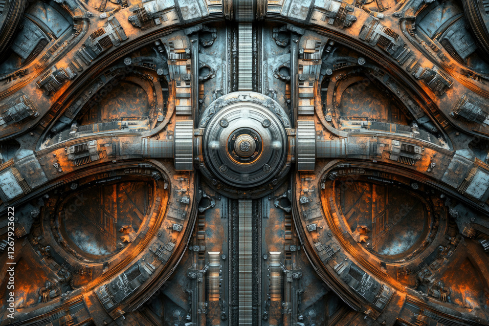 Poster A complex, rusty, metallic structure with intricate details and symmetrical design, resembling futuristic machinery or a spaceship.
