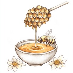 Honeycomb dripping into bowl with bee, floral background