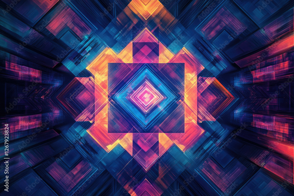Poster abstract geometric artwork featuring vibrant colors, symmetrical patterns, and a sense of depth and 