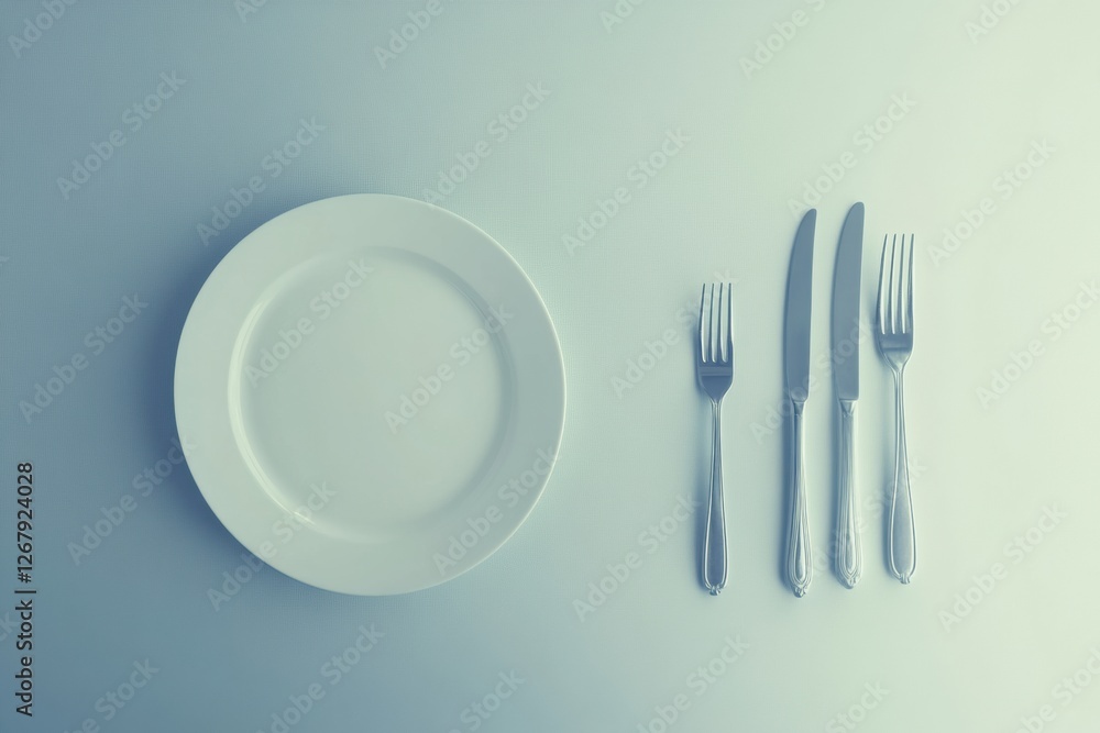 Aufkleber elegant table setting featuring a white plate and polished silver cutlery on a light background. gen