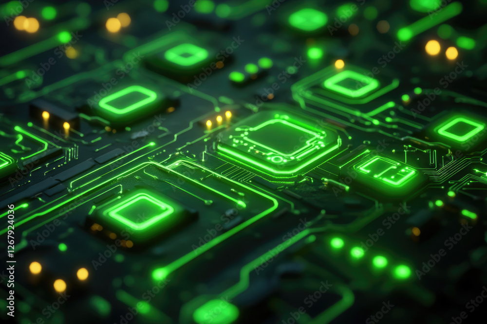 Poster Close-up of a futuristic circuit board with glowing green lines and components, showcasing advanced technology.