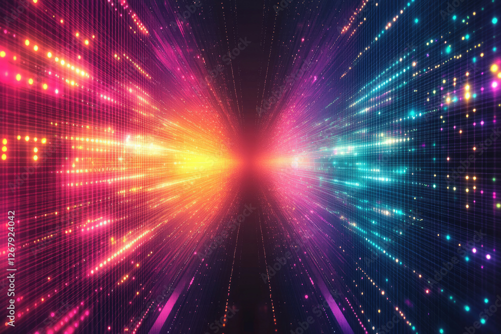 Poster Abstract digital tunnel of vibrant light trails and glowing particles creating a futuristic and energetic visual.