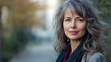 Obraz premium Portrait of a Confident Middle-Aged Woman with Curly Hair in a Natural Outdoor Setting