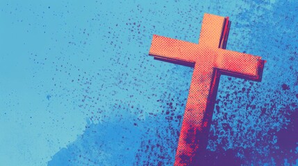 Vibrant pop art style cross against textured blue background