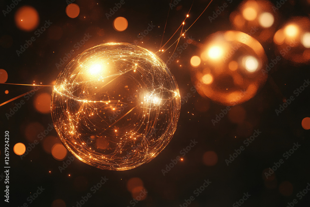 Poster glowing sphere with interconnected lines, abstract digital network concept, dark background.