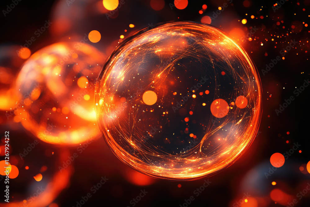 Aufkleber fiery glowing sphere with energy strands and bokeh, abstract digital art.