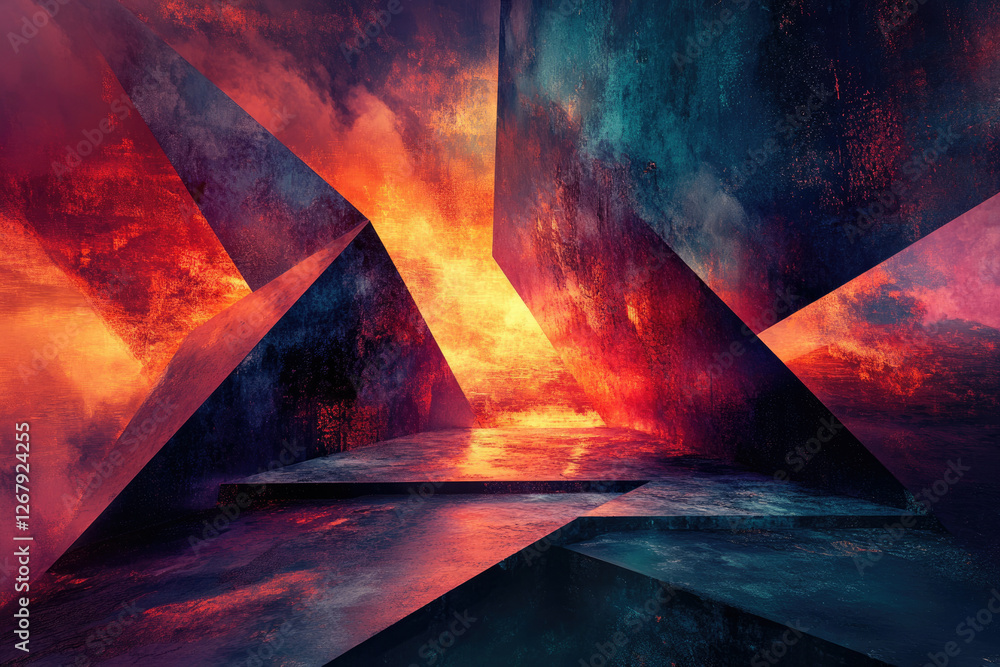 Poster abstract geometric composition with fiery, textured surfaces and dark, metallic structures creating 