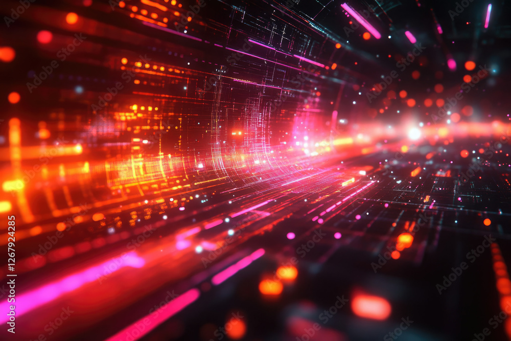 Poster abstract digital data stream flowing through a futuristic tunnel, glowing with vibrant red and pink 