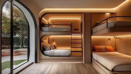 Fototapeta premium Modern Minimalist Bedroom Design with Integrated Bunk Beds and Arch Window