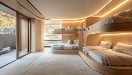 Modern Minimalist Kids' Bedroom Design with Custom Built-in Bunk Beds