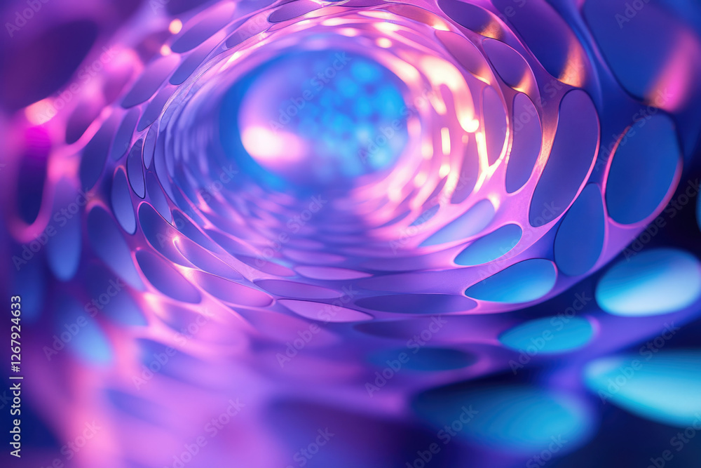 Poster abstract swirling tunnel with vibrant purple and blue neon lighting, creating a mesmerizing visual e