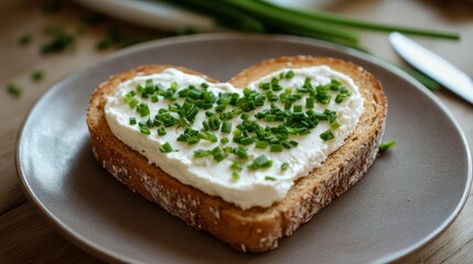 Heart-shaped bread with cream cheese and chives on plate