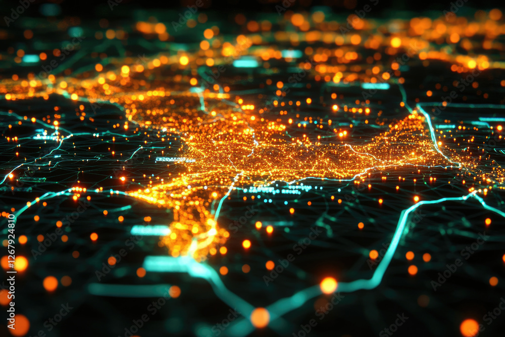 Poster abstract digital map showcasing city lights and interconnected networks, visualizing urban sprawl an