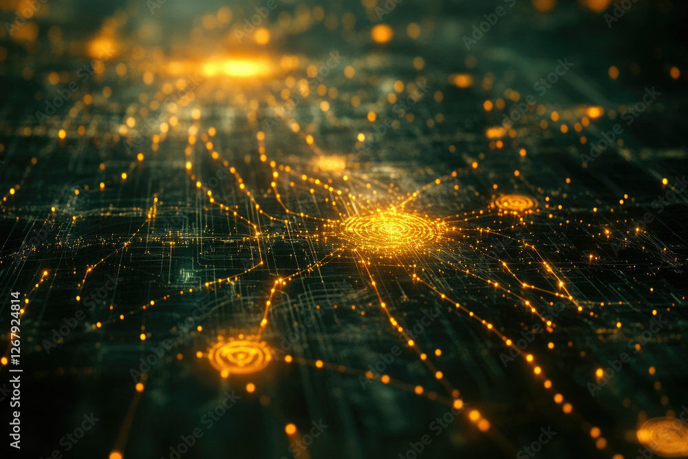 Poster abstract digital network, glowing nodes and connections, futuristic technology concept.