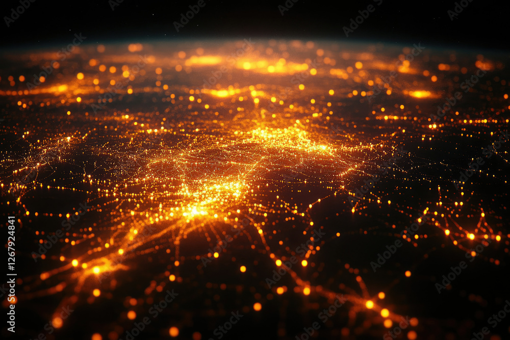 Poster a mesmerizing abstract depiction of interconnected nodes, resembling a futuristic cityscape or globa