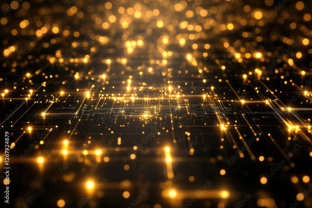Poster abstract digital network glowing with golden lights, representing connectivity and technology.