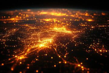 Fototapeta premium A mesmerizing abstract depiction of interconnected nodes, resembling a futuristic cityscape or global network at night.