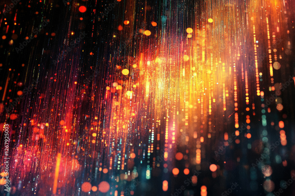 Poster Abstract background with vibrant, falling light streaks and bokeh effect, creating a dynamic and dazzling visual.