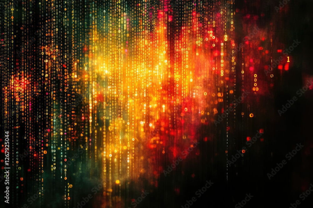 Poster abstract digital rain of binary code, glowing in vibrant red and gold hues.