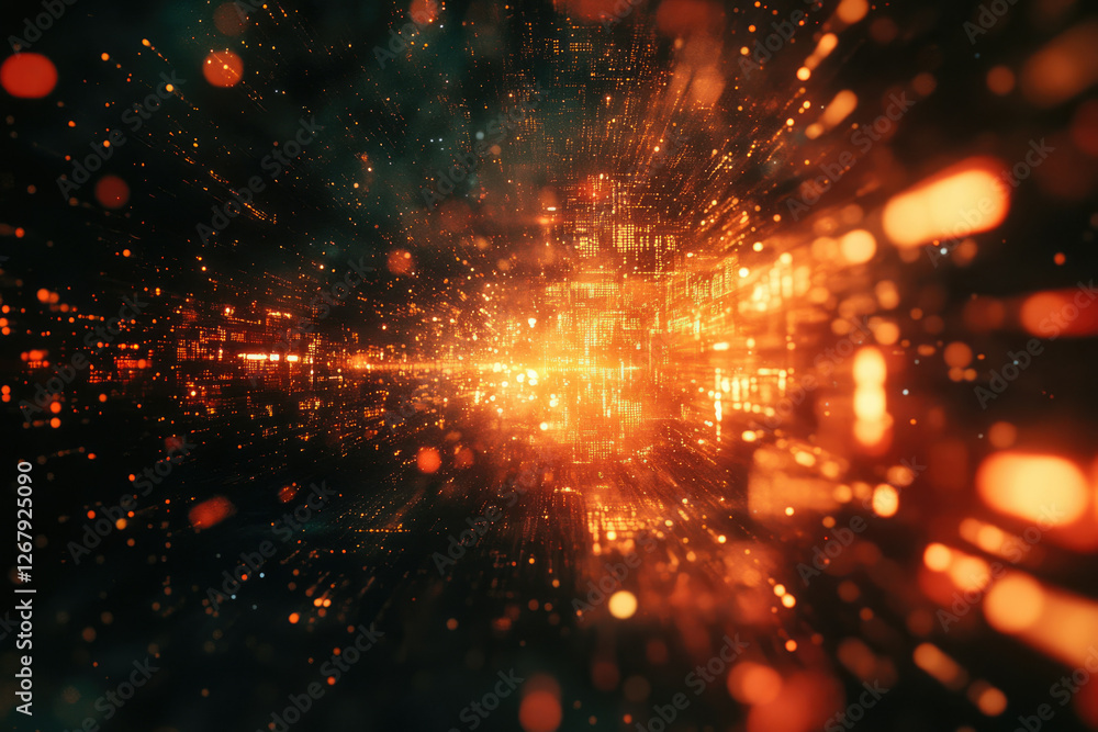 Poster abstract digital tunnel with glowing particles and streaks of light, conveying futuristic technology