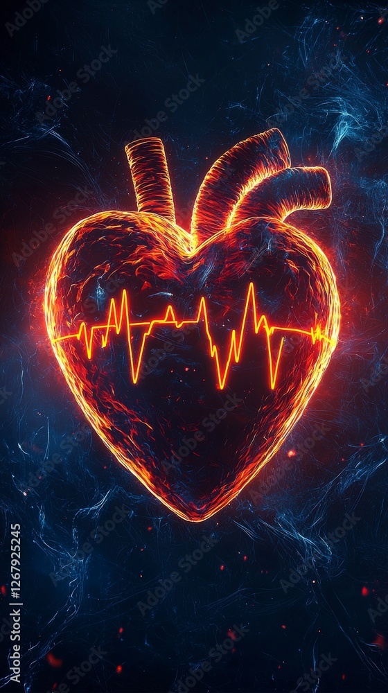 Poster a visually striking glowing heart representation with pulsating lines illustrating the heartbeat, sy