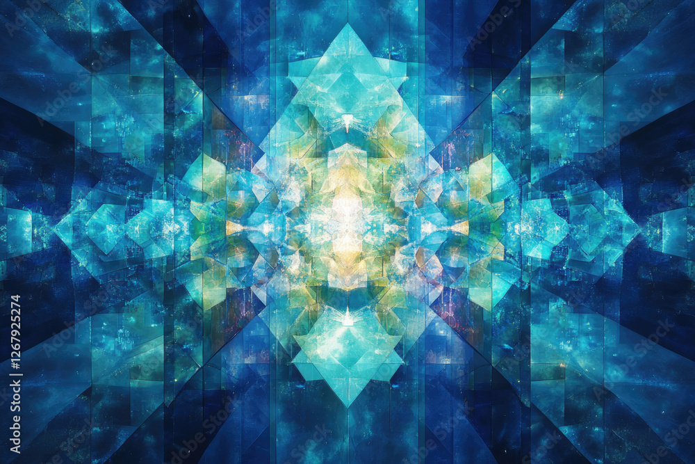 Poster Abstract geometric art with a mesmerizing blue and teal color palette, showcasing symmetrical patterns and a crystalline structure.
