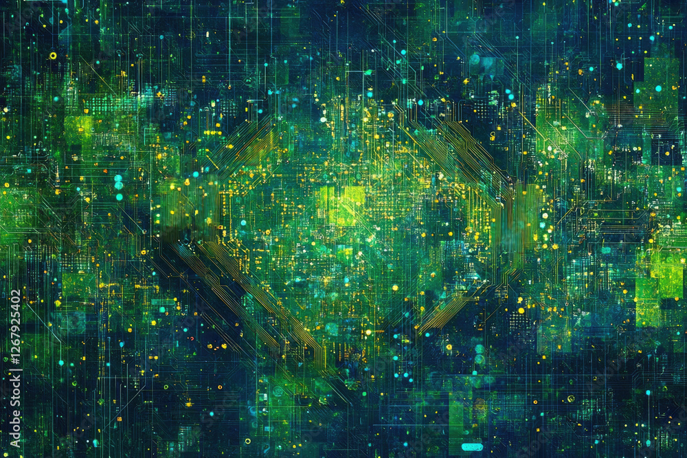 Poster abstract digital artwork depicting a complex circuit board with glowing green and yellow lines.