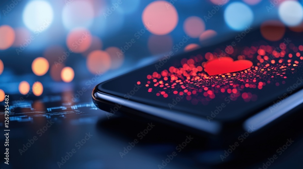 Poster heart on a phone screen with bokeh background.
