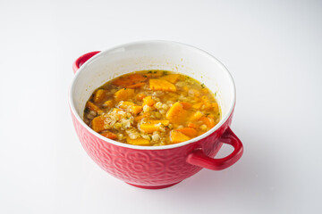 Homemade Lentil Soup with Croutons and Sweet Potatoes