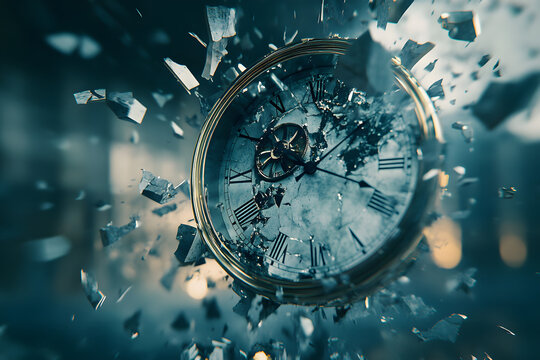  Broken clock shattering in slow motion, time destruction, abstract concept, lost time, vintage clock explosion, shattered glass, symbolic timepiece, surreal artwork, urgency