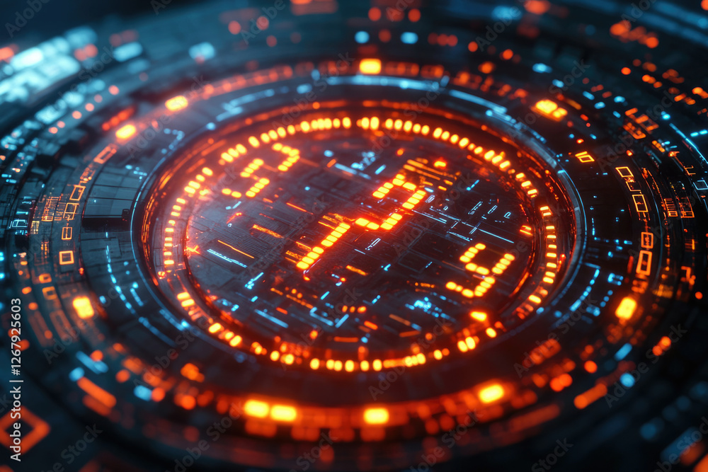 Poster futuristic digital display showing the number 1714 in vibrant orange and blue hues on a technologica