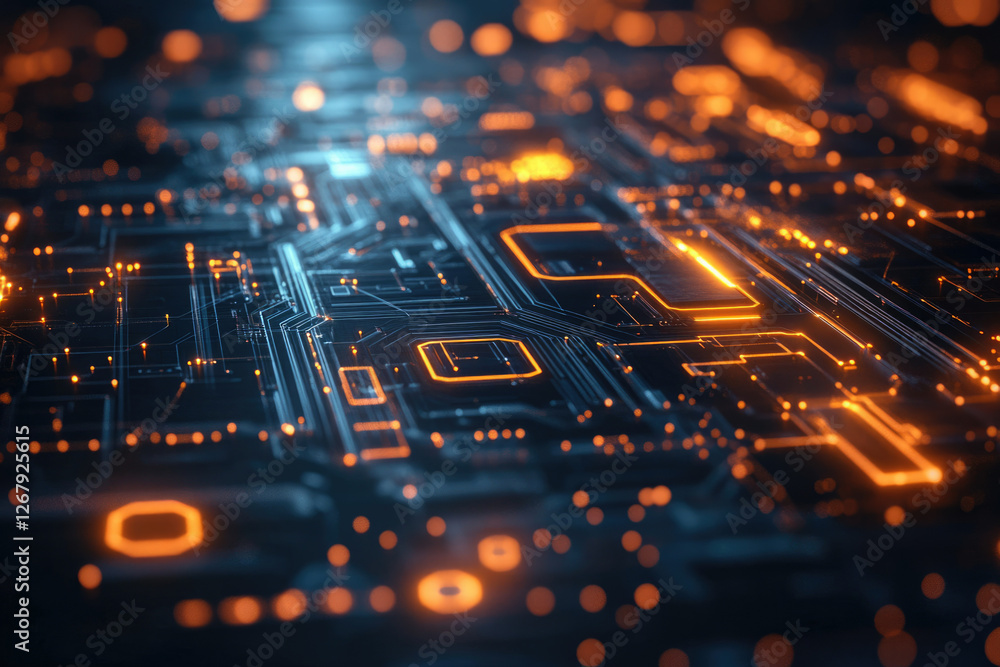 Poster abstract digital circuit board with glowing orange lines, representing technology and connectivity.