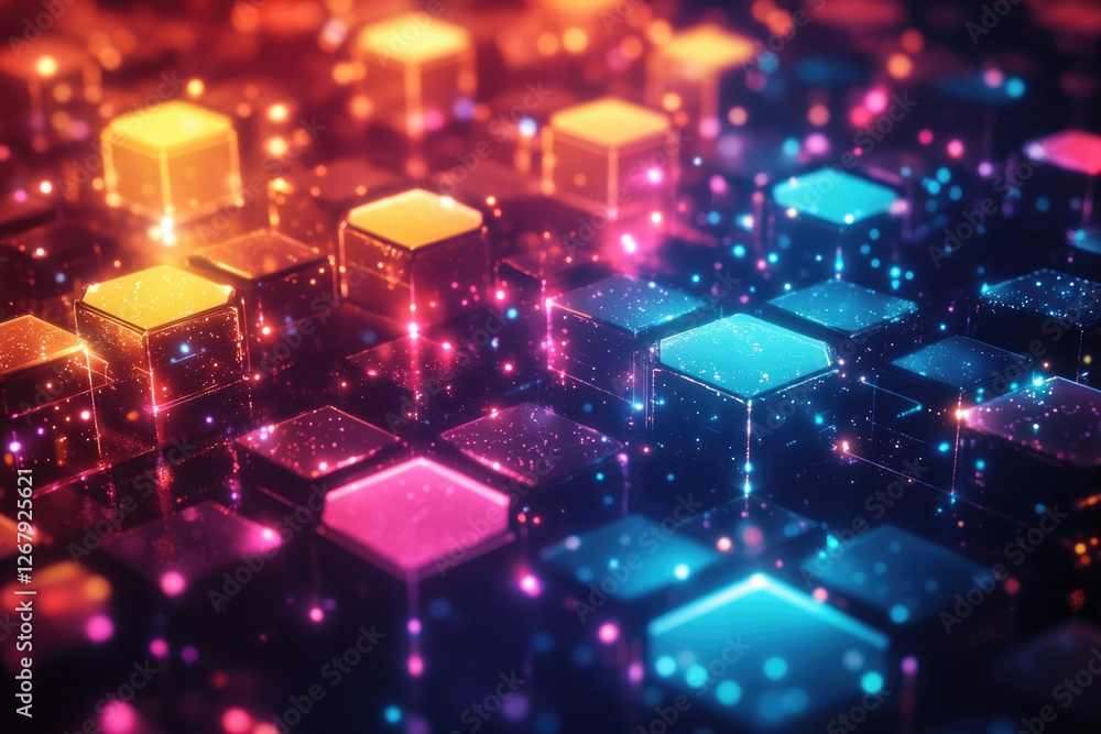 Poster glowing hexagonal structures, vibrant colors, digital network, abstract background.